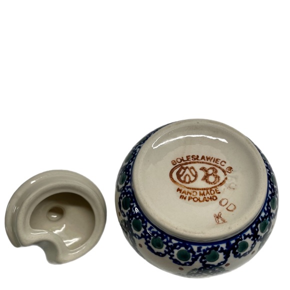 EUC Boleslawiec Polish Pottery Lidded Sugar Bowl-Blue Braided Chain Grn. 10 Oz. - Picture 5 of 9